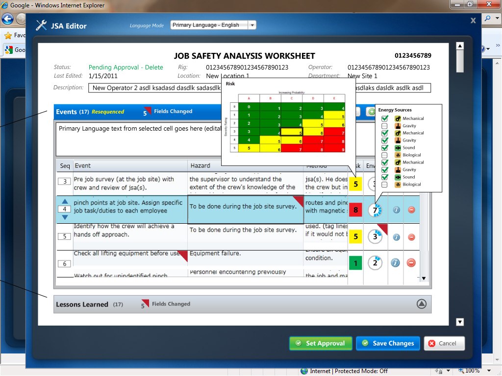 The JSA editor as built in 2011: the job safety analysis worksheet with its events, hazards, methods, a risk score and energy rating for each step, a colored risk matrix and a checklist of energy sources open over it, and buttons to set approval or save.