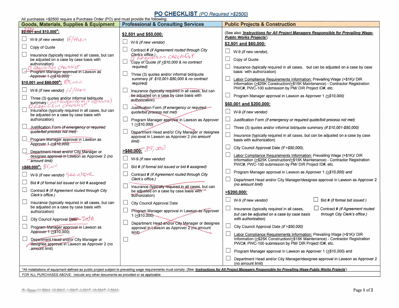 The purchase order checklist: three columns of checkboxes by purchase type and dollar threshold, marked up by hand with crossings-out and notes.