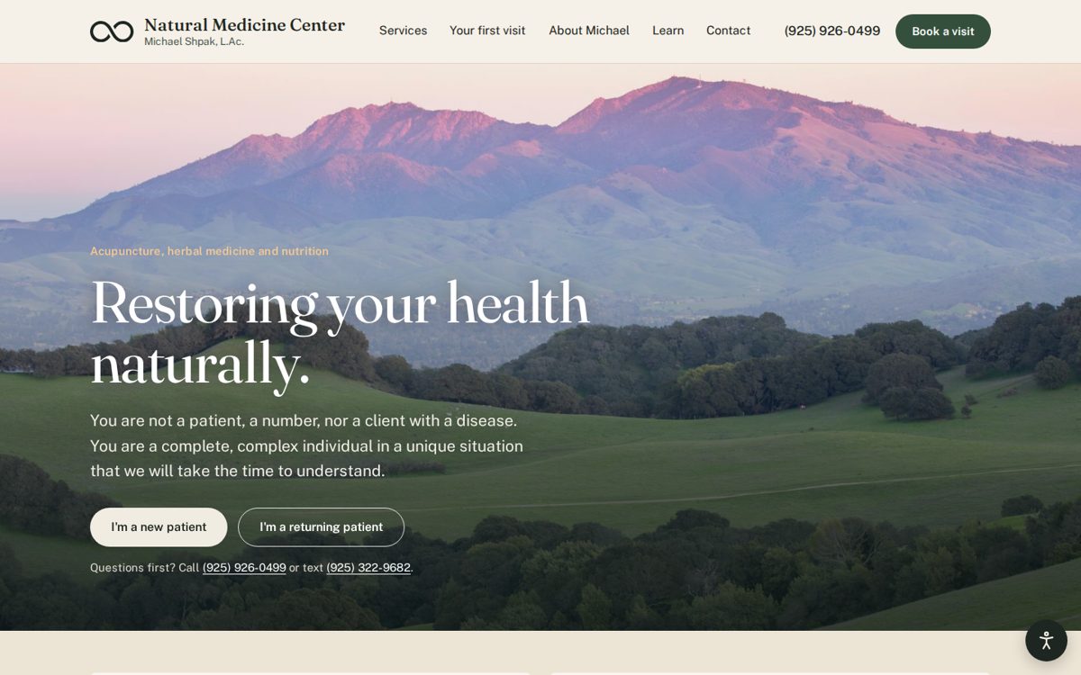 Natural Medicine Center home page: a serif headline over a photo of Mount Diablo, in greens and warm neutrals.