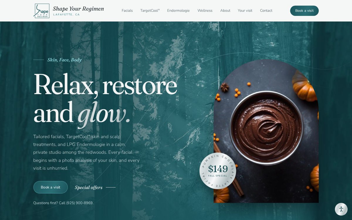 Shape Your Regimen home page in deep teal, with its own type and imagery.