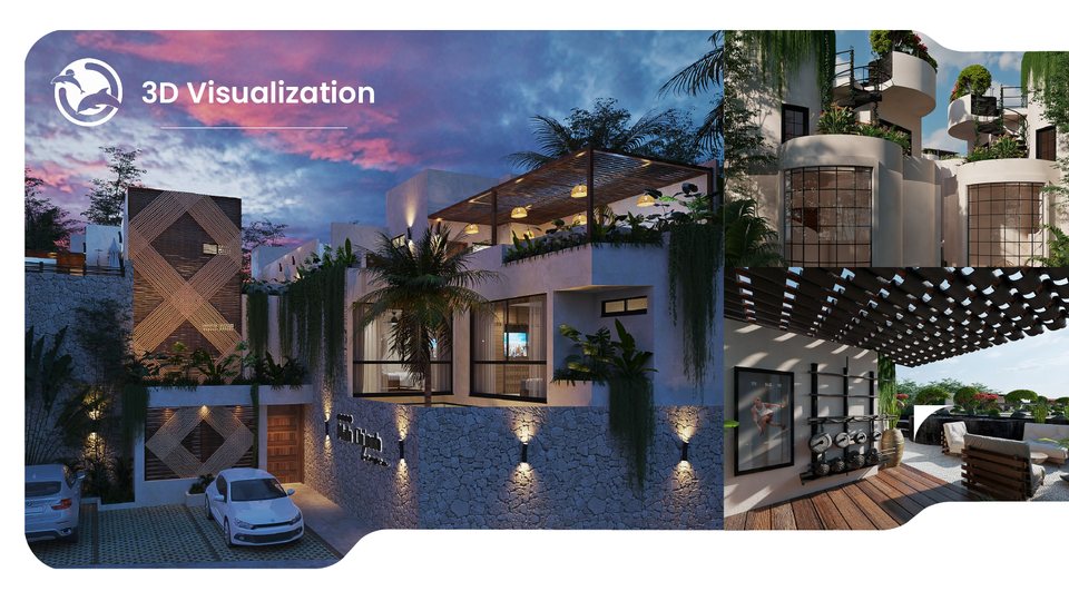 Acuario 3D visualization slide: a rendering of a modern house at dusk.