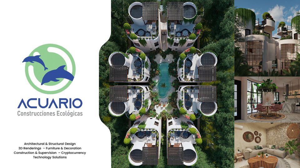 Acuario Construcciones Ecológicas cover slide: a logo of two dolphins beside aerial and interior photographs of their buildings.