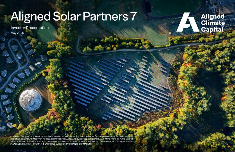 Cover of the Aligned Solar Partners 7 investor presentation: an aerial photograph of a solar array among trees.