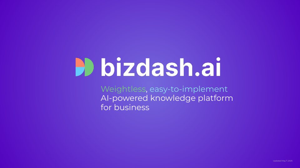 BizDash.ai cover slide: a weightless, easy-to-implement AI-powered knowledge platform for business.
