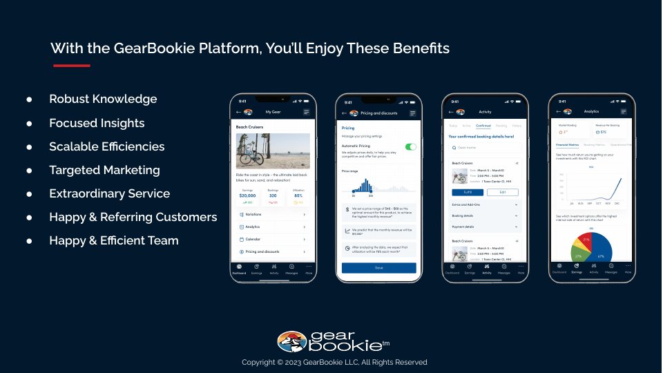 The GearBookie platform’s benefits, beside four phone screens from the app.