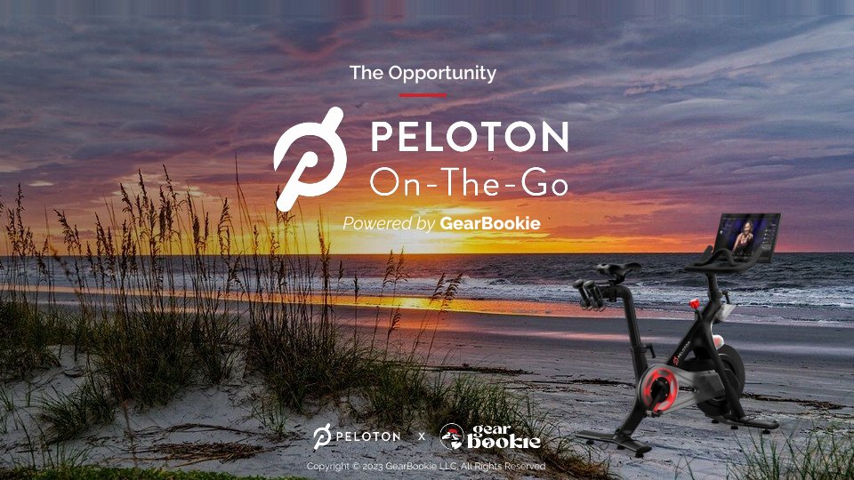 The opportunity: Peloton On-the-Go, powered by GearBookie, with a Peloton bike on a beach at sunset.