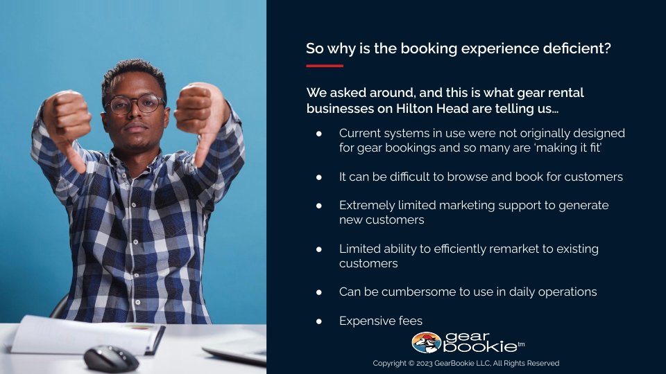 Why is the booking experience deficient: what gear rental businesses on Hilton Head said, beside a man giving two thumbs down.