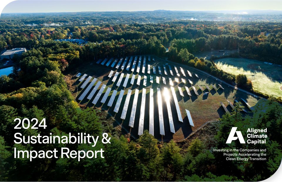 Cover of Aligned Climate Capital’s 2024 Sustainability and Impact Report: an aerial photograph of a solar array set among autumn trees.