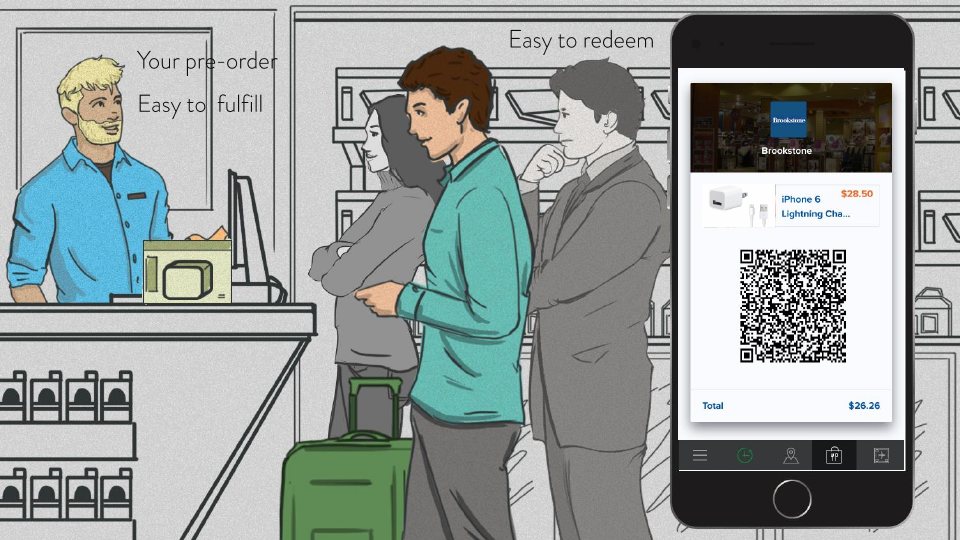 Storyboard slide: the traveler picks up his pre-order at the store by showing a code on his phone.