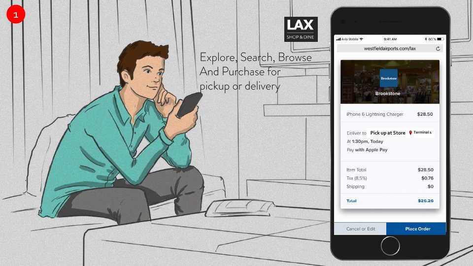 Storyboard slide: the traveler buys a phone charger on his phone for pickup at the store in his terminal.