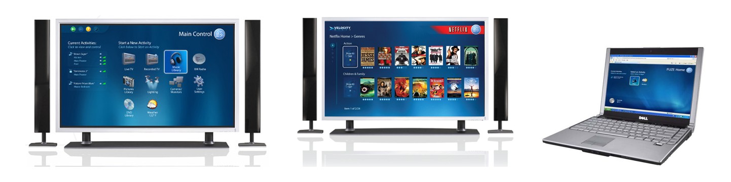 FUZE on three screens: the Main Control screen on a television, Netflix genres browsed in the Velocity Micro version, and FUZE Home on a laptop.