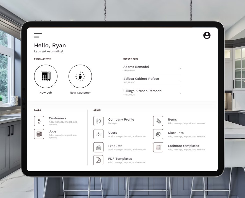 The Kitchen Experts project estimator on an iPad: quick actions for a new job or customer, recent jobs, and settings for customers, products, discounts and estimate templates.