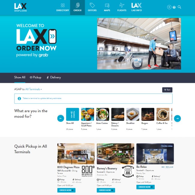 The LAX Shop and Dine website on desktop: welcome to LAX Order Now, powered by Grab, with pickup or delivery, food categories, and restaurants offering quick pickup across all terminals.