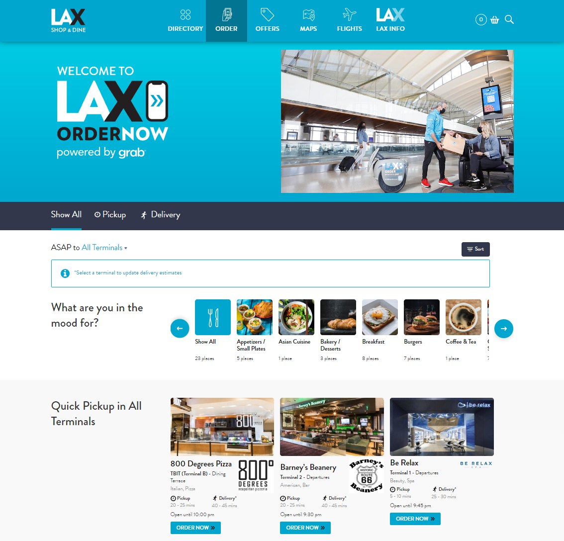 The LAX Order Now screen inside LAX Shop and Dine, showing pickup and delivery tabs, a terminal selector, food categories with the number of places in each, and restaurant cards with pickup and delivery times.