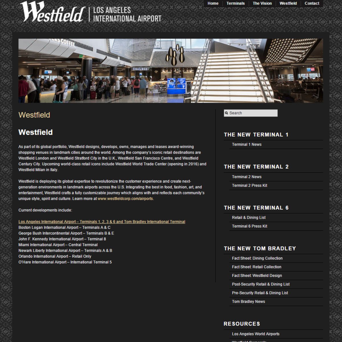 The Westfield LAX website before our work: a dark page with a photo banner of the terminal, a paragraph about Westfield, a list of airport developments, and links to press kits and fact sheets for each terminal.
