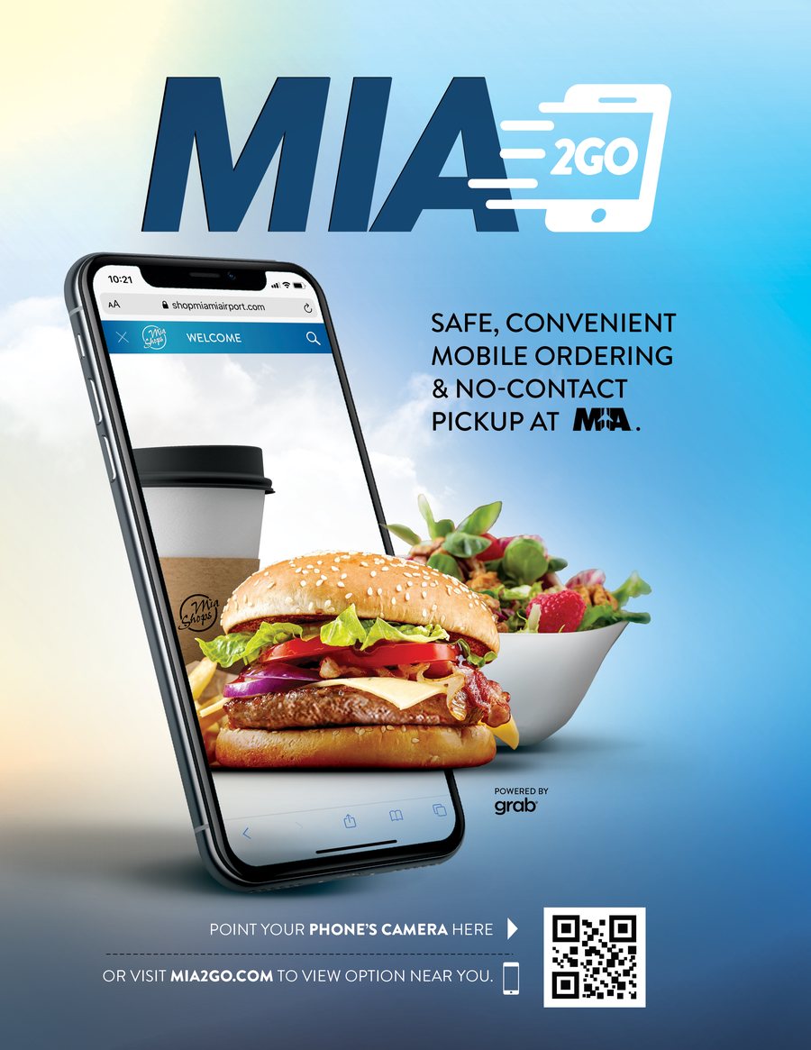 The MIA2GO poster: safe, convenient mobile ordering and no-contact pickup at Miami International, with a QR code.