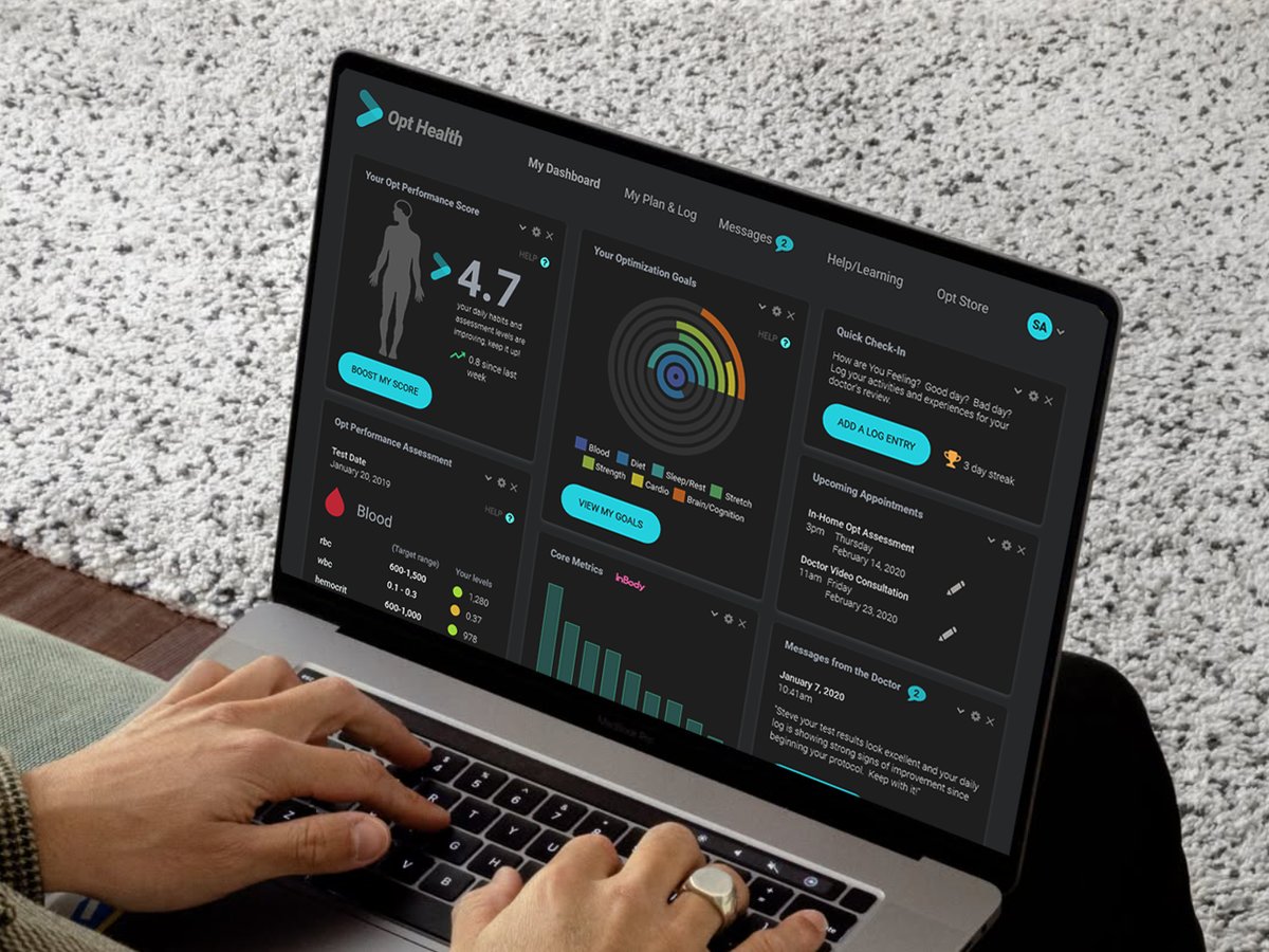 The Opt Health web app on a laptop: a performance score, optimization goals, blood test results, upcoming appointments and messages from the doctor.