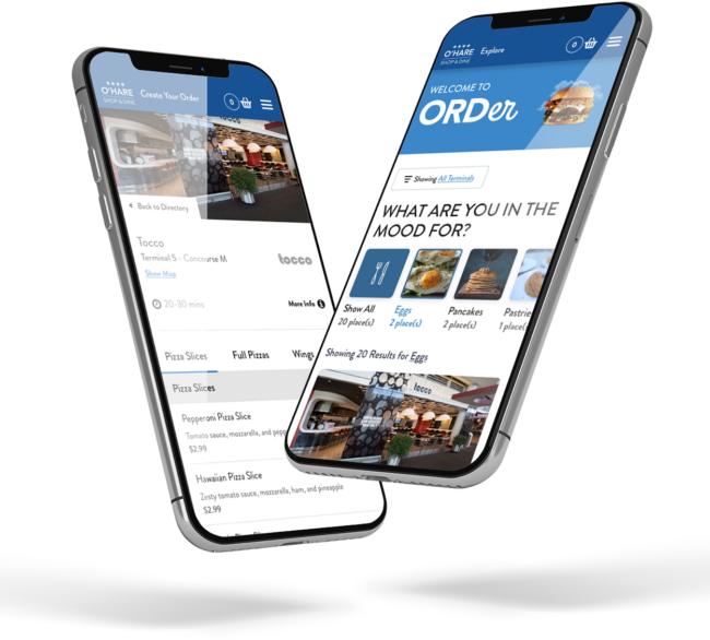Two phones showing ORDer, O'Hare's version: a restaurant menu with pizza slices, and the welcome screen asking what you are in the mood for.