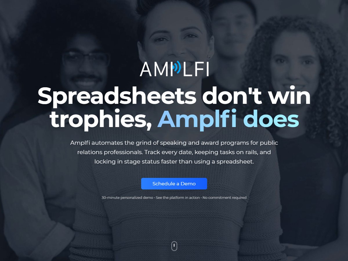 The Amplfi home page: Spreadsheets don’t win trophies, Amplfi does, over a photograph of a team.