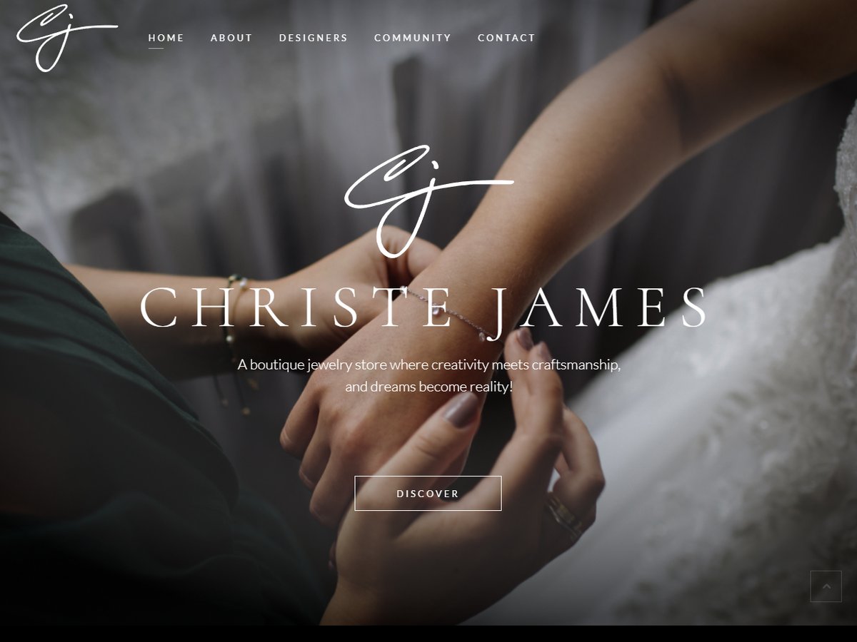 The Christe James home page: the script monogram and name over a photograph of a bracelet being fastened on a bride’s wrist.