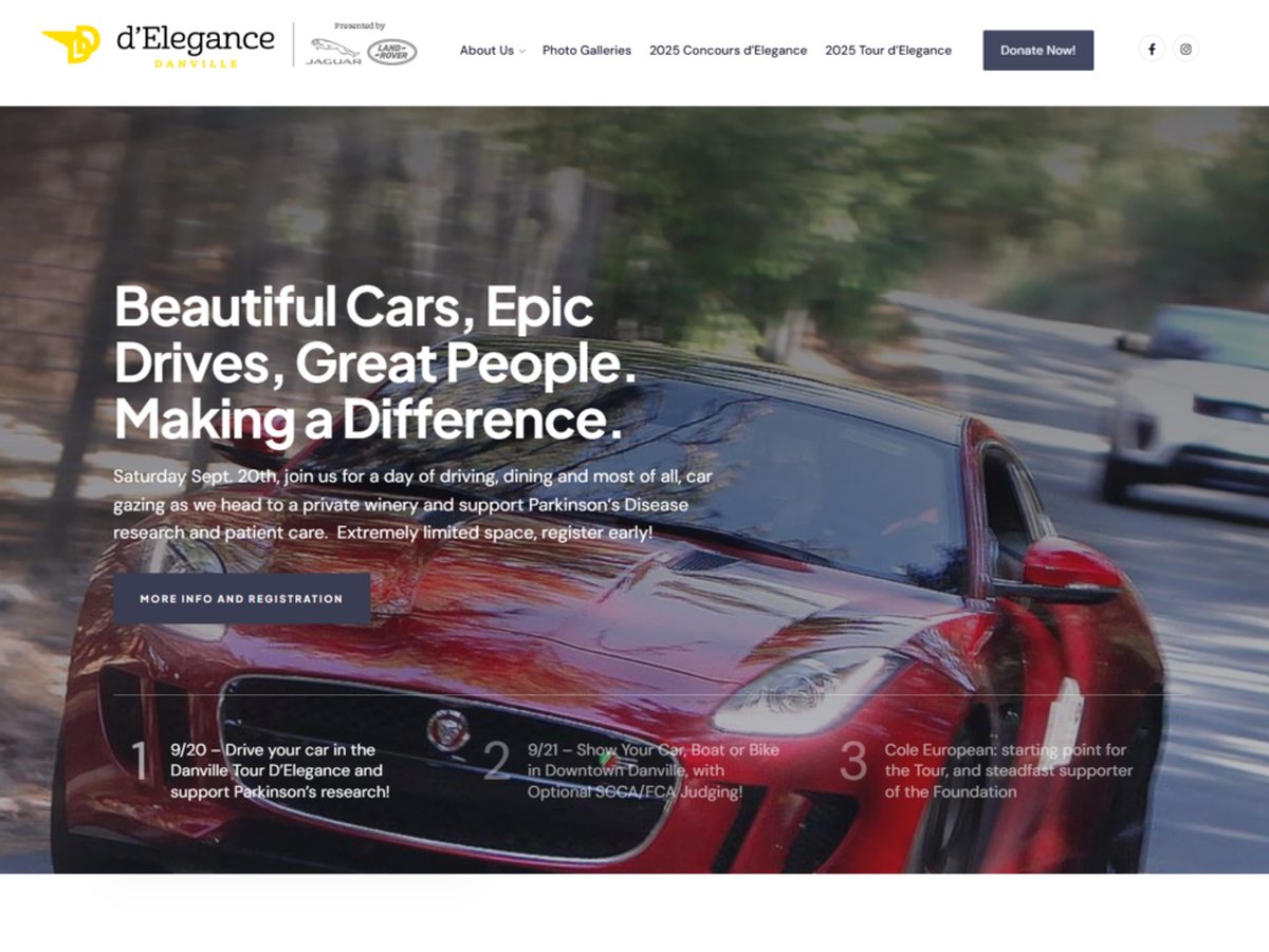 The Danville d’Elegance home page: a red sports car on a winding road, with the headline Beautiful Cars, Epic Drives, Great People. Making a Difference.
