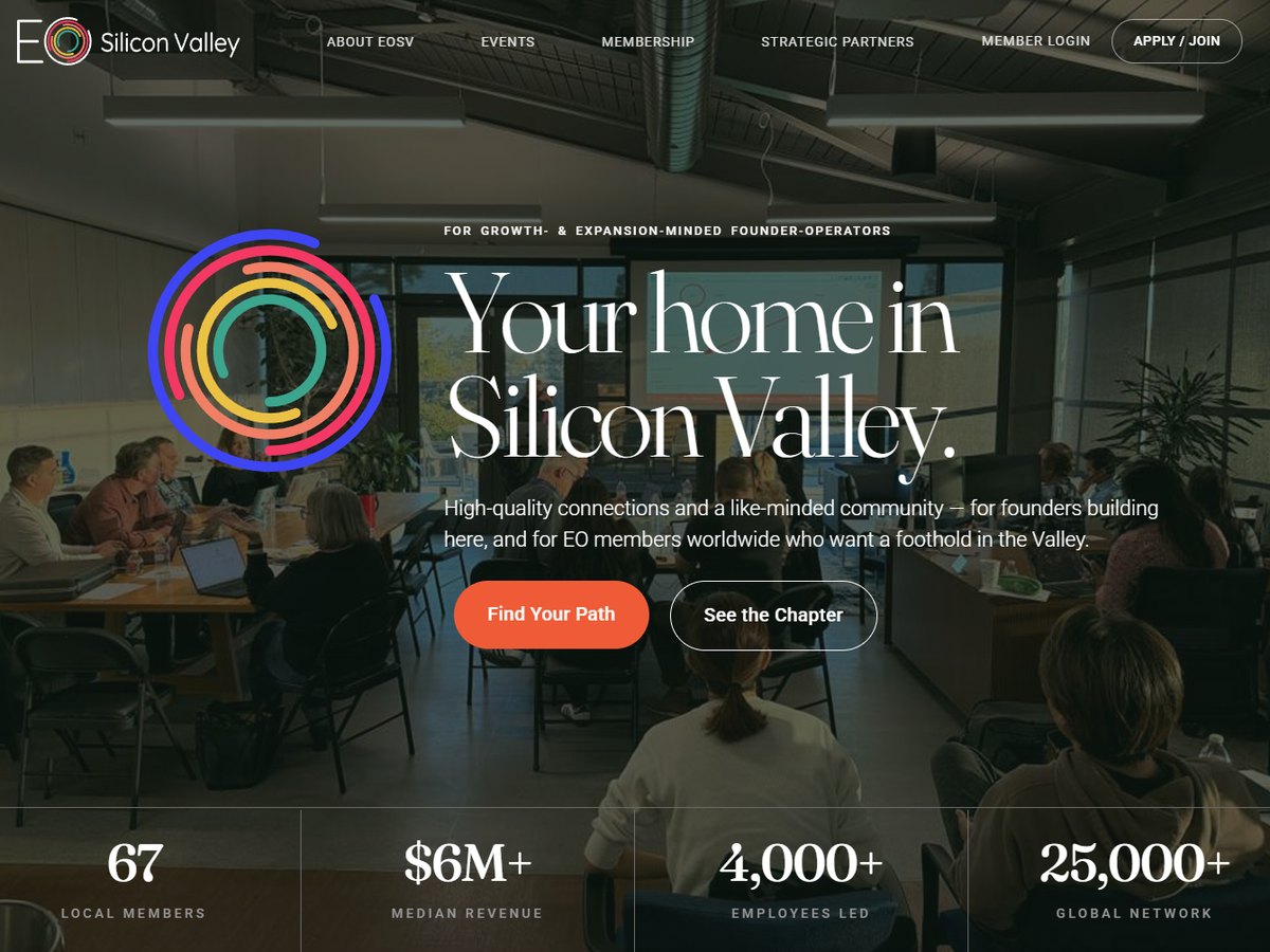 The EO Silicon Valley home page: Your home in Silicon Valley, over a photograph of members meeting around tables, with the chapter's ring logo and figures for local members, median revenue, employees led and the global network.