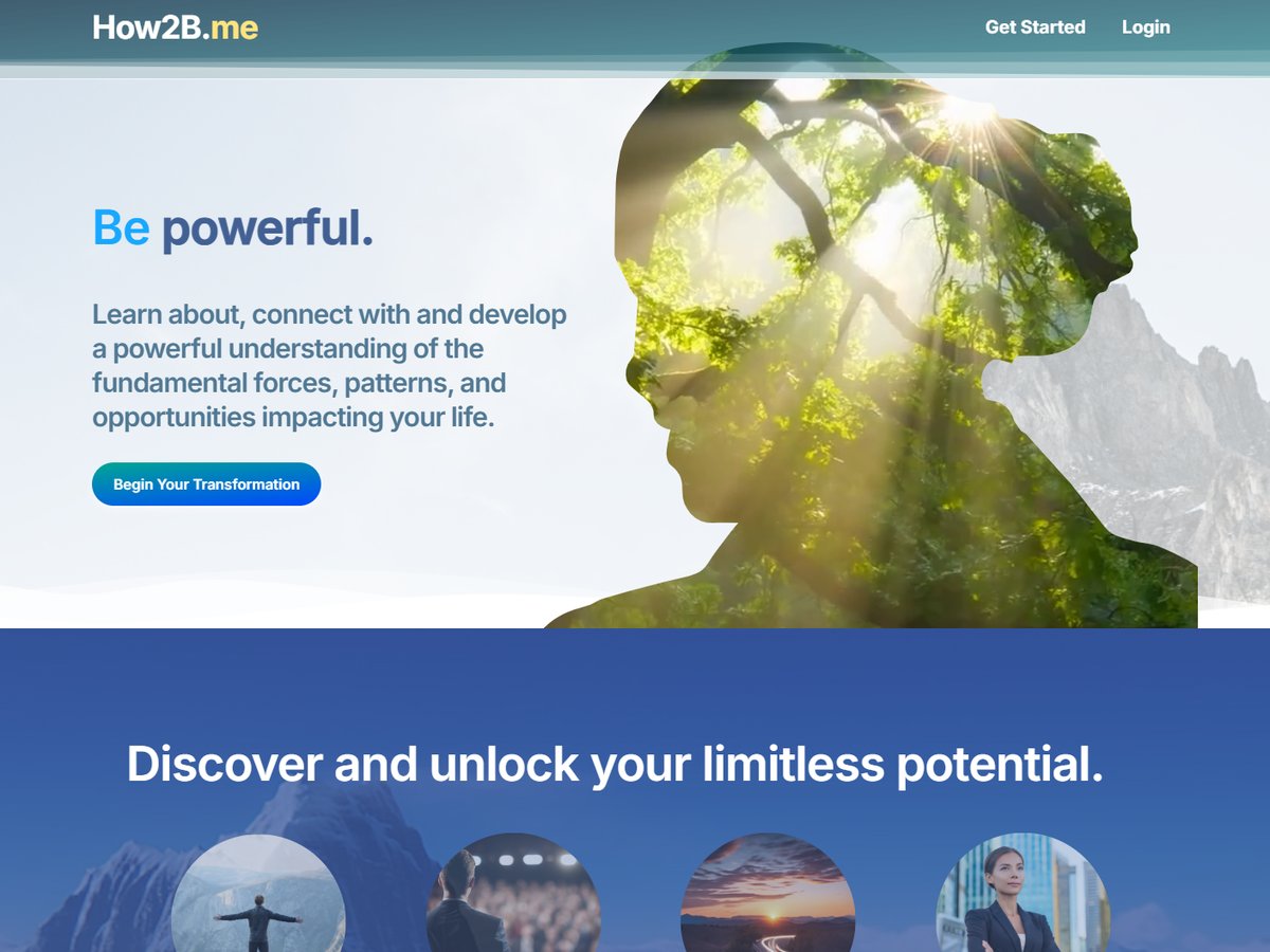 The How2B.me home page: Be powerful, beside a silhouette filled with sunlit trees.