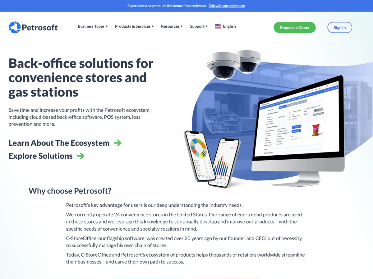The Petrosoft home page: back-office solutions for convenience stores and gas stations, with the software on a desktop and two phones.
