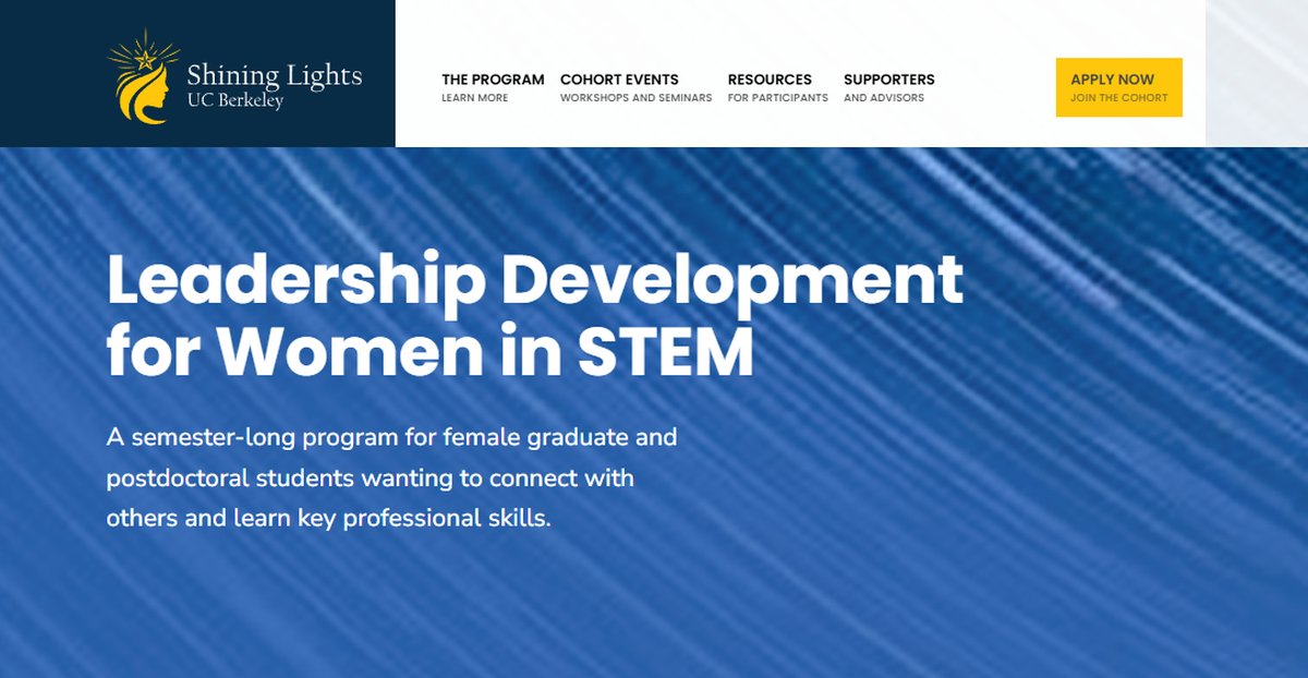 The Shining Lights home page: Leadership Development for Women in STEM, over a blue textured background, with the program logo in the header.