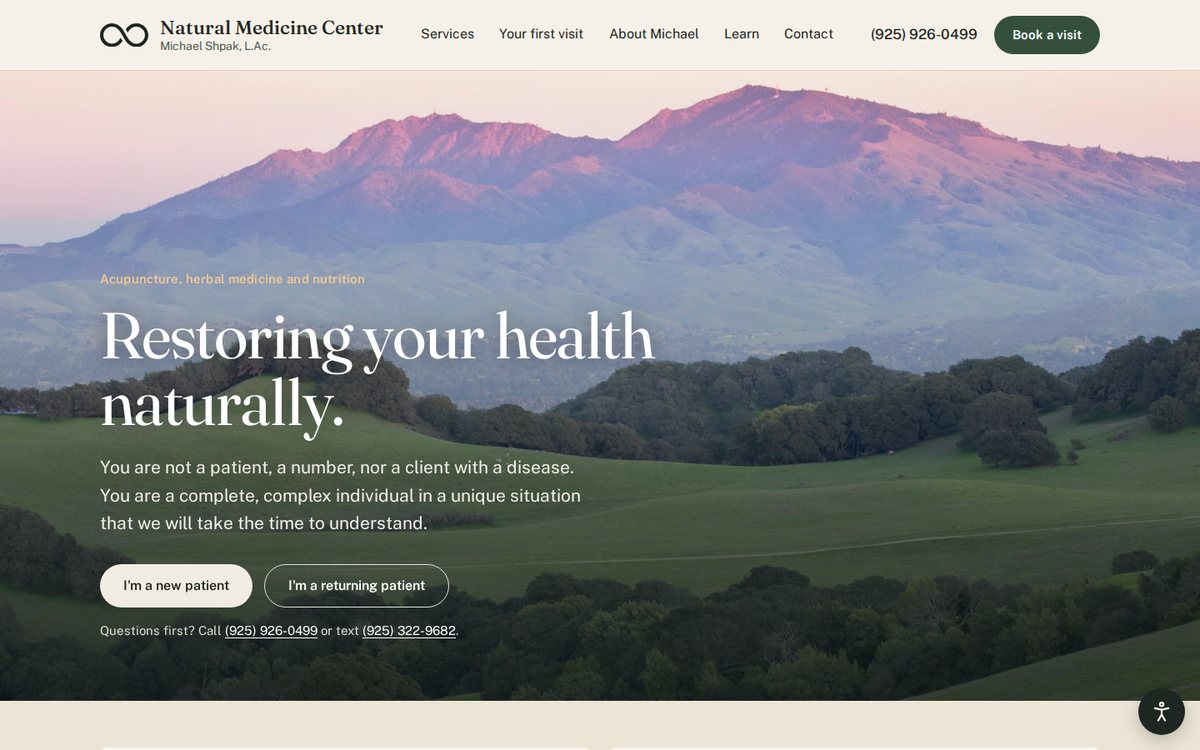 The Natural Medicine Center home page: a photograph of Mount Diablo at sunset, the headline Restoring your health naturally, and buttons for new and returning patients.