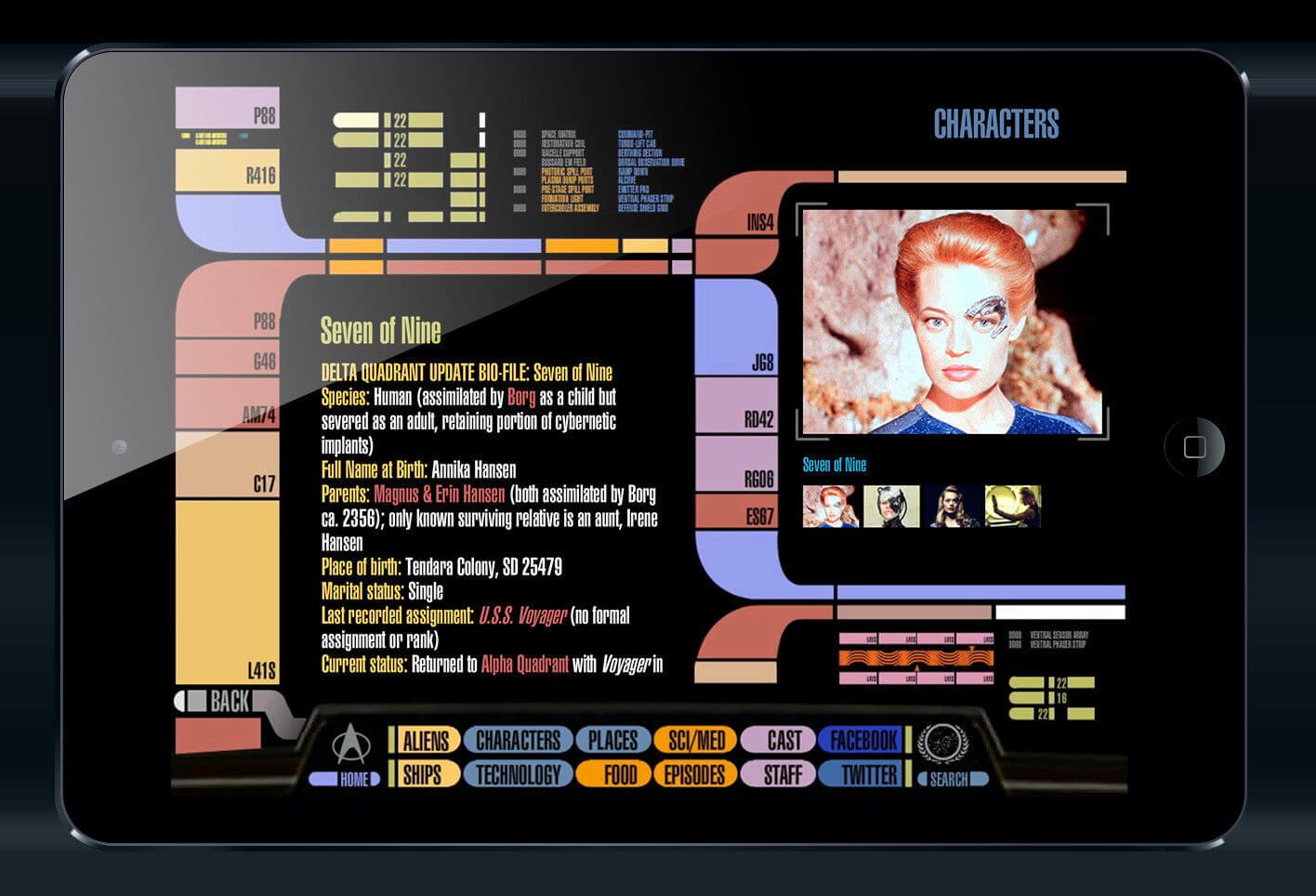 The Star Trek PADD app on an iPad in the LCARS interface, showing a character profile.