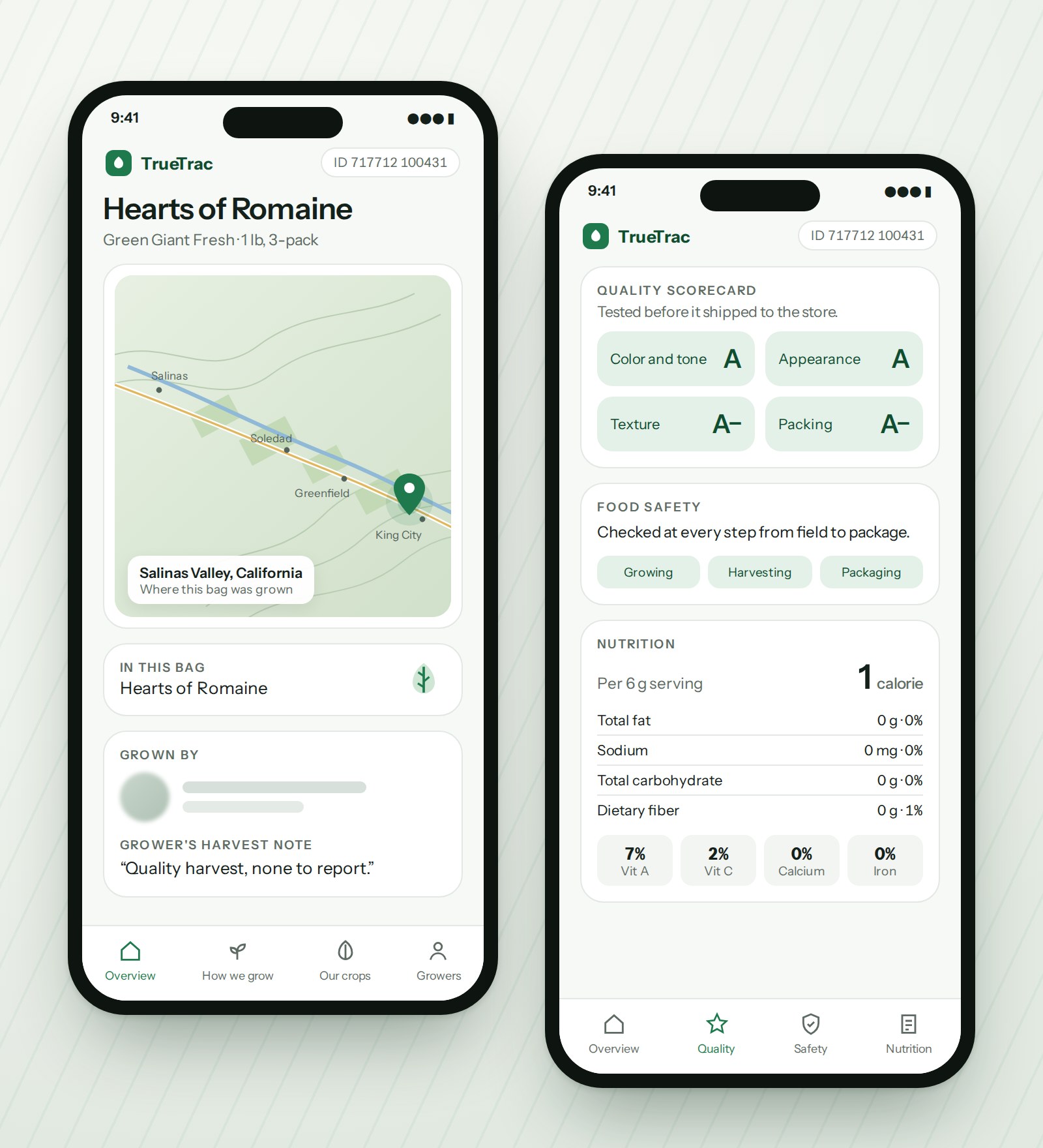 The same report reimagined in 2026 as two phone screens: the product, a map of the Salinas Valley showing where the bag was grown, the grower and their harvest note, then the quality scorecard, food safety and nutrition.