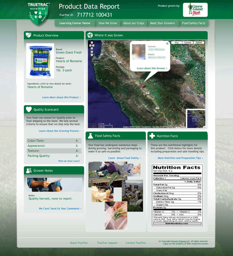 The TrueTrac Product Data Report for a 1lb three-pack of Green Giant Fresh hearts of romaine, showing the growing location on a satellite map, a quality scorecard, grower notes, food safety information and nutrition facts.