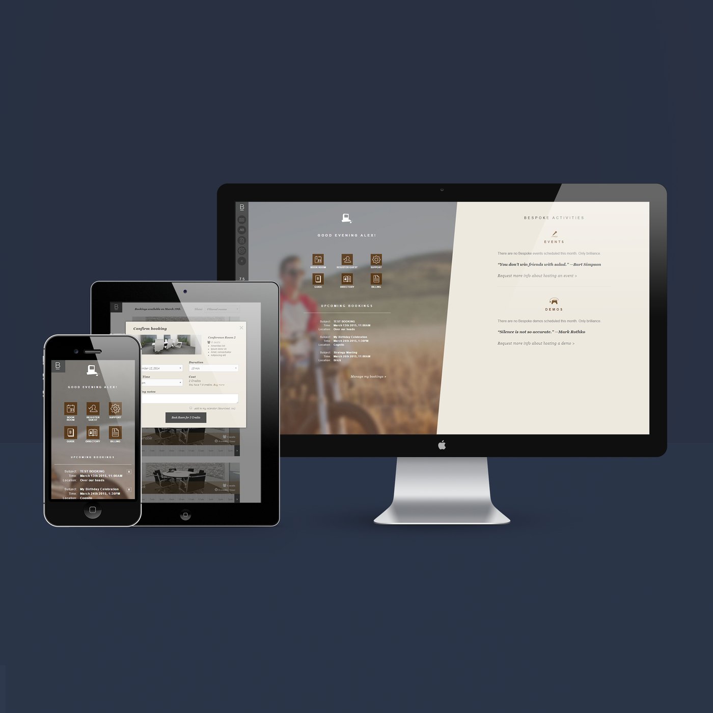 The Bespoke member portal on desktop, tablet and phone: a home screen with booking, guests, support and billing, upcoming bookings, and a room booking form.